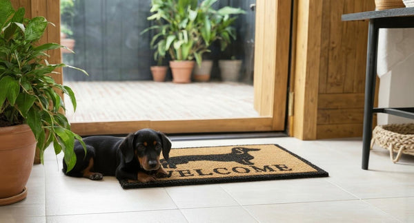 Dog lying on a welcome mat at the entrance of a house with plants around.