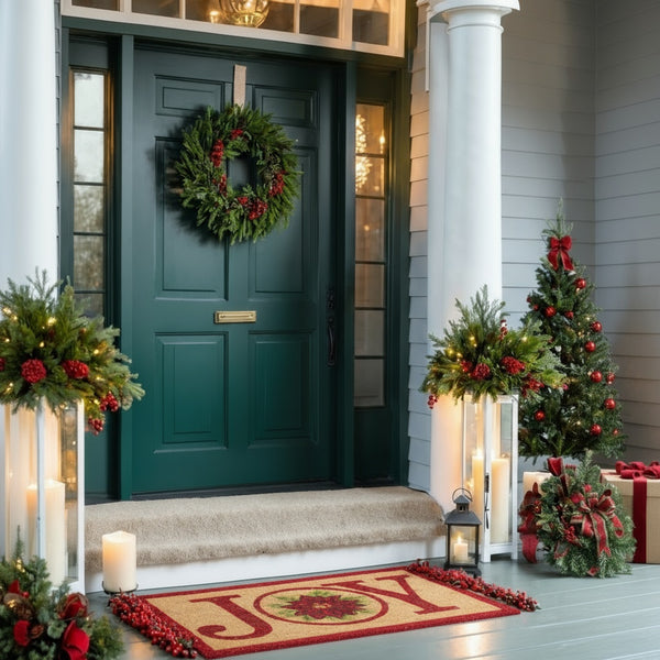 Decorative front porch with a green door, wreath, and Christmas decorations.