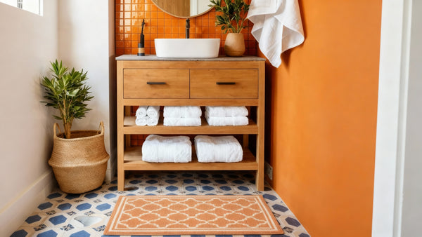 Bathroom with wooden vanity, white towels, and decorative elements.
