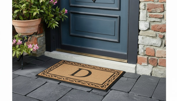 Doormat with letter 'D' in front of a blue door on a stone porch.