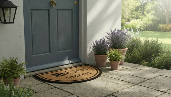 Front door with a doormat, potted plants, and a garden view.
