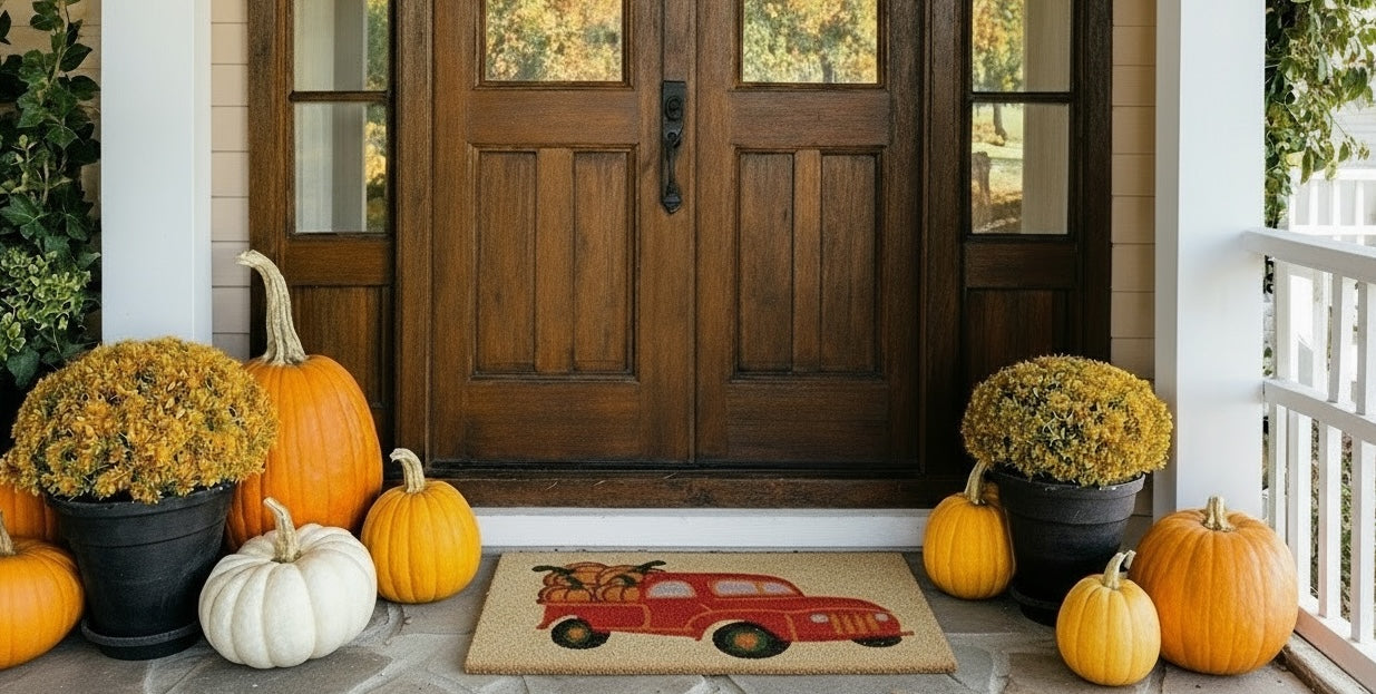 Decorative pumpkins and mums on a porch in front of a wooden door.