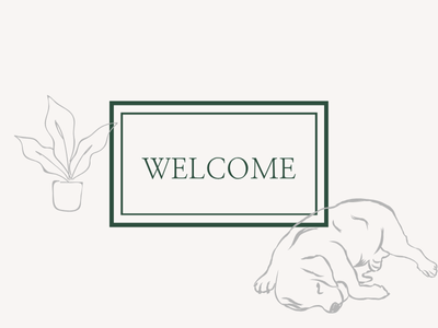 Decorative welcome sign with a plant and cat illustration on a white background