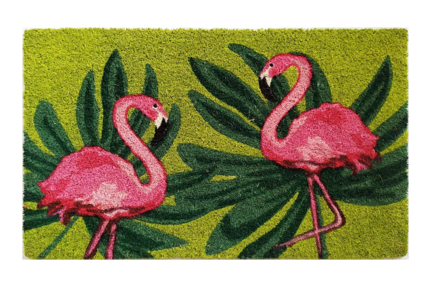Doormat with pink flamingo design on a green background