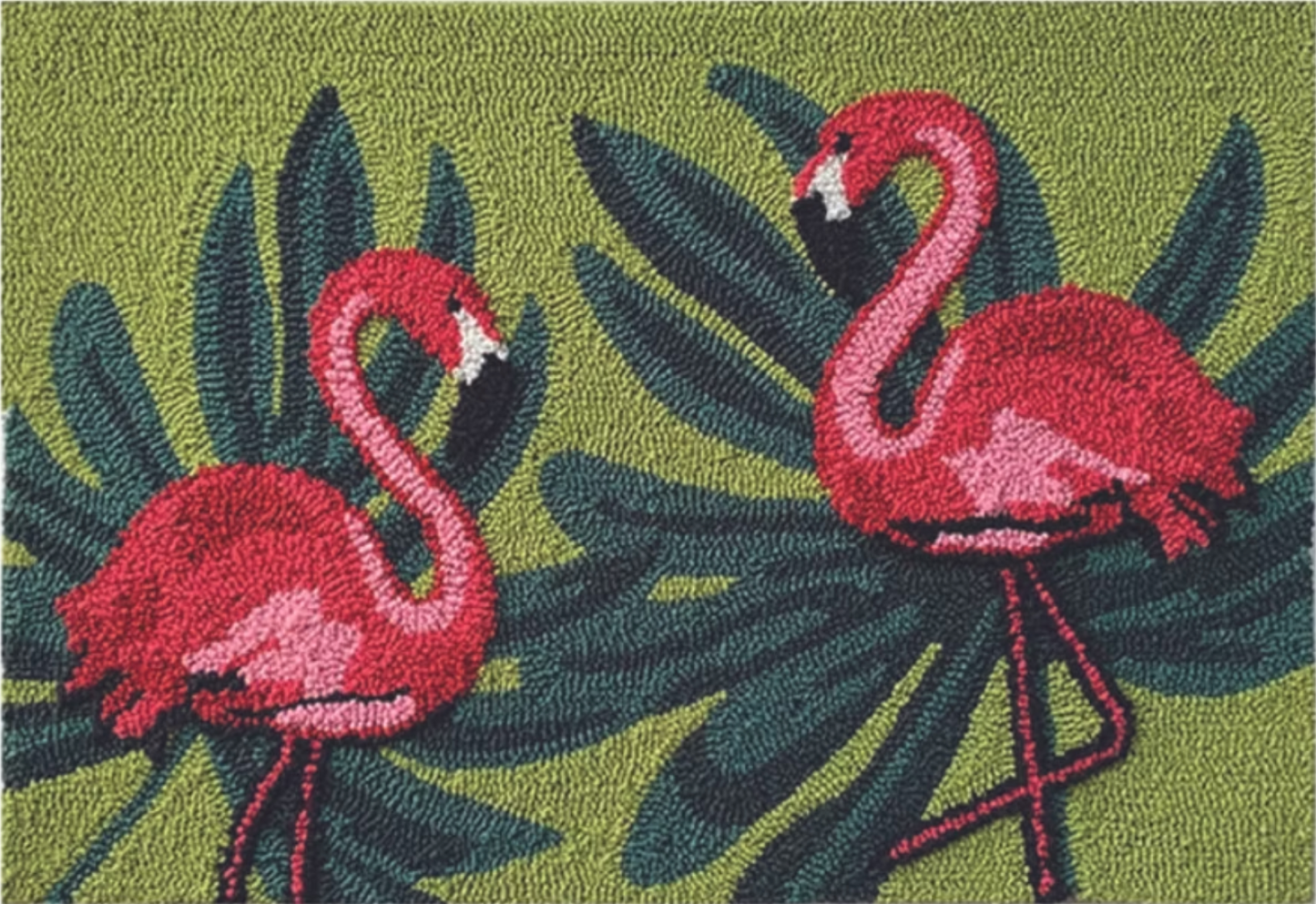 Two pink flamingos on a green background with leaves