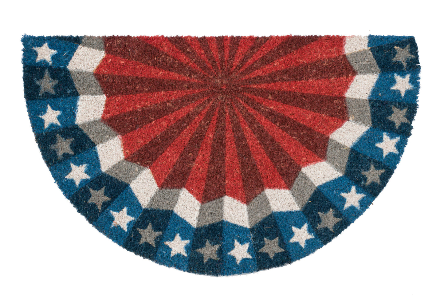 Decorative doormat with a patriotic design featuring stars and a red center.