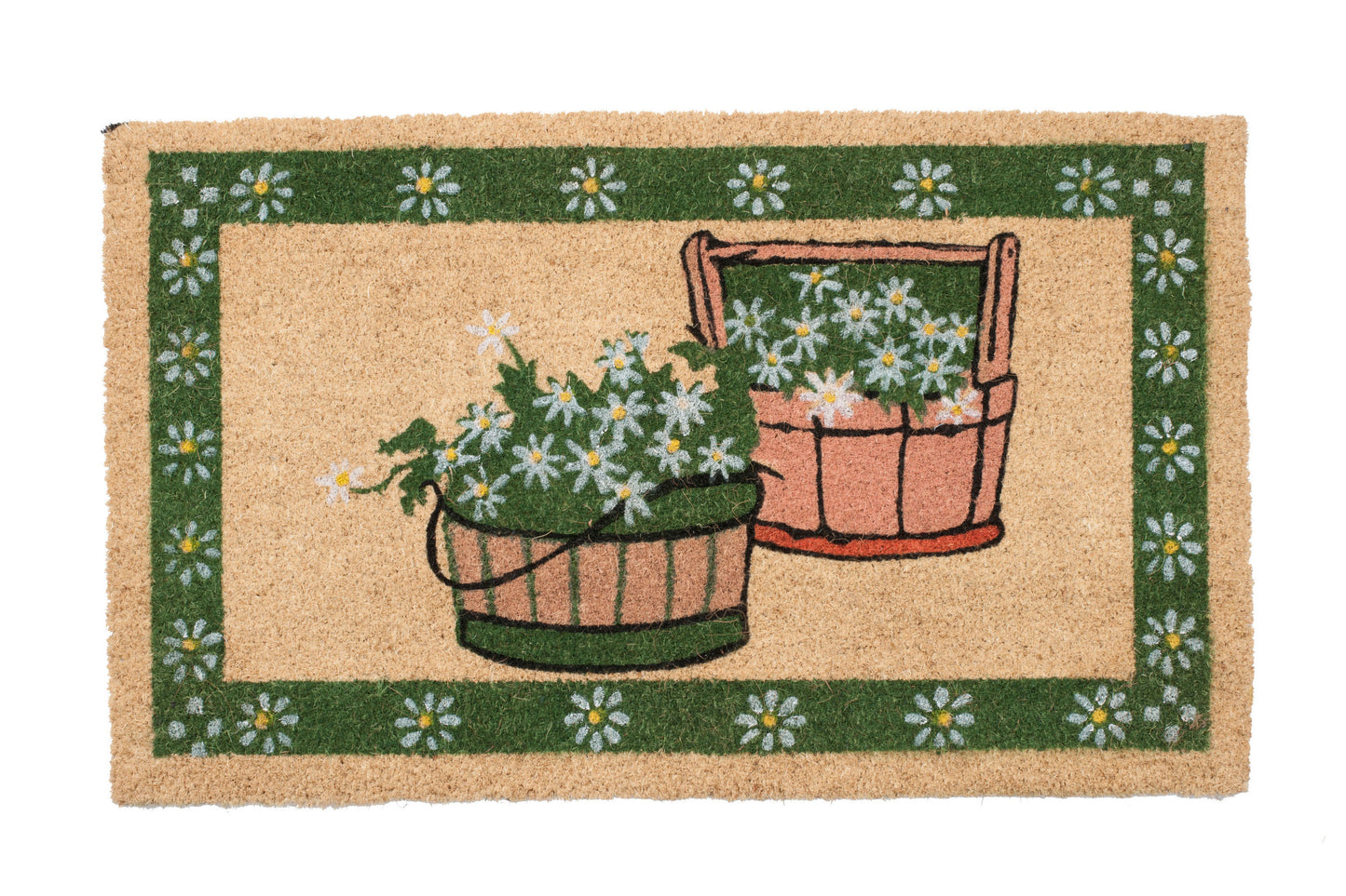 Doormat with floral design featuring baskets and flowers on a green border.
