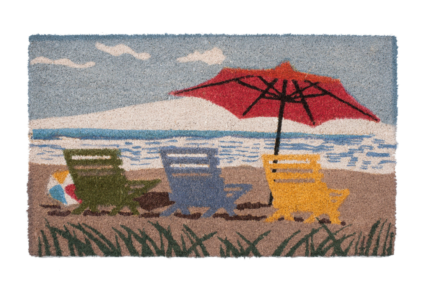 Decorative mat with beach scene featuring chairs and an umbrella.