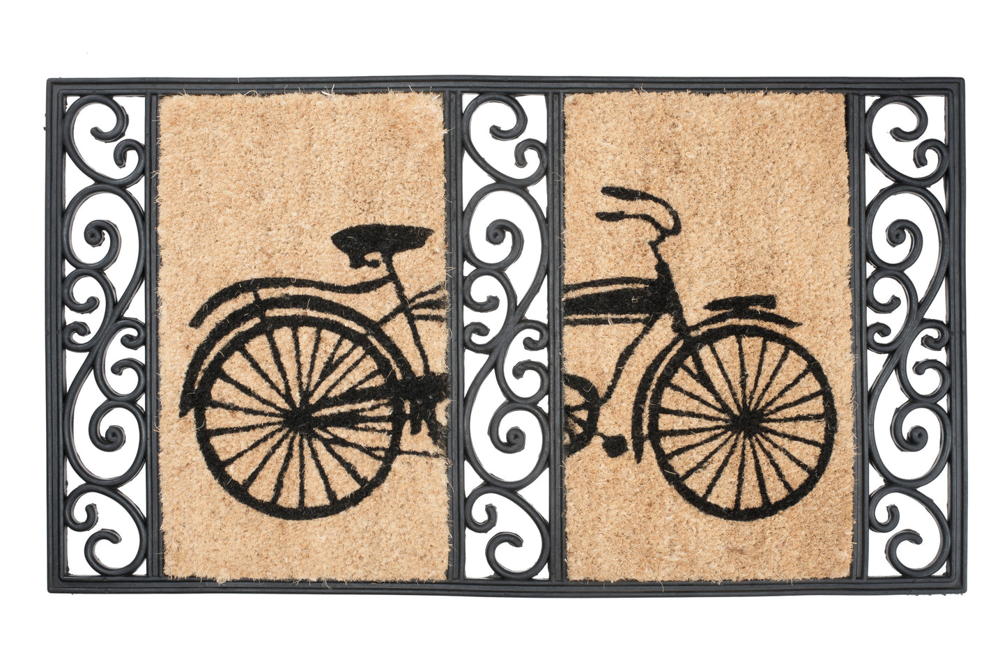 brown door mat with bicycle design decorative border