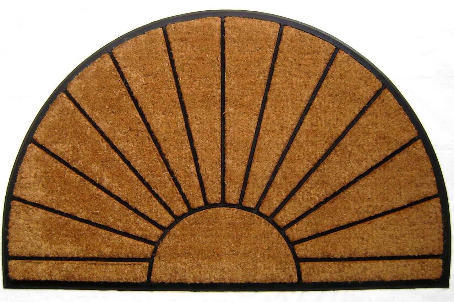 Semicircular doormat with sunburst design on a white background