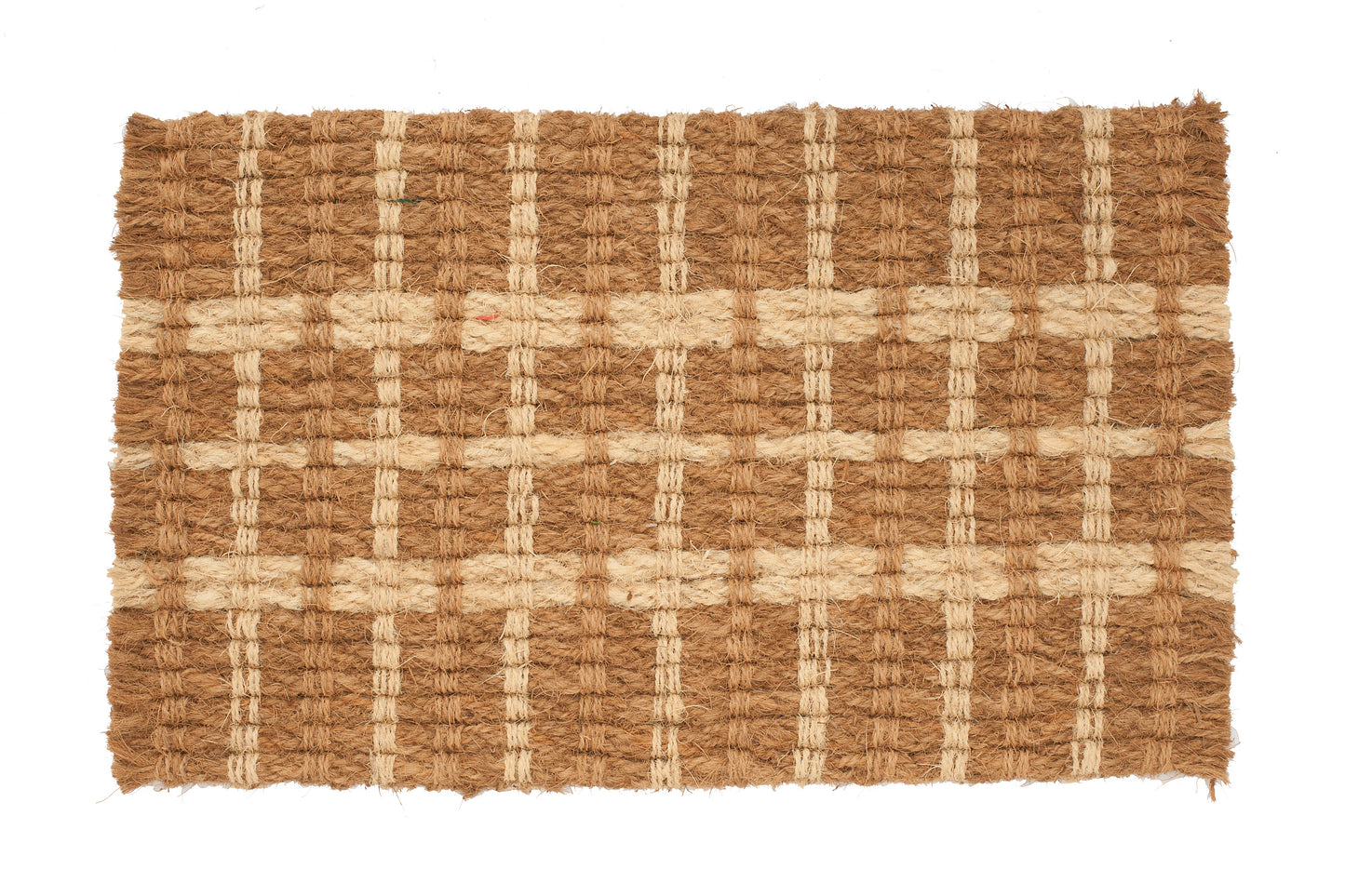 Woven mat with brown and beige plaid pattern on a white background
