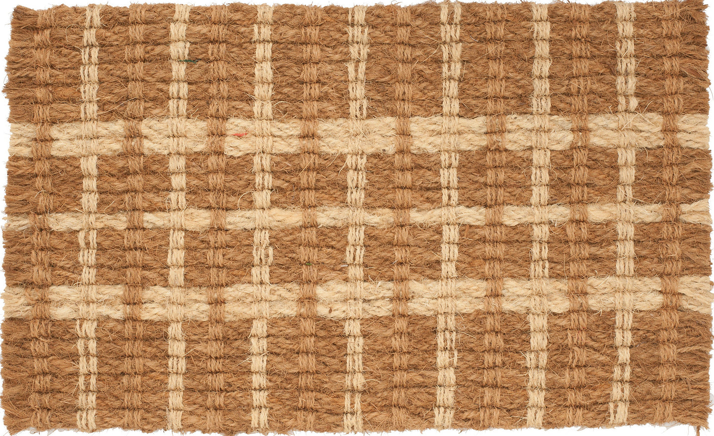 Woven mat with brown and beige plaid pattern on a white background