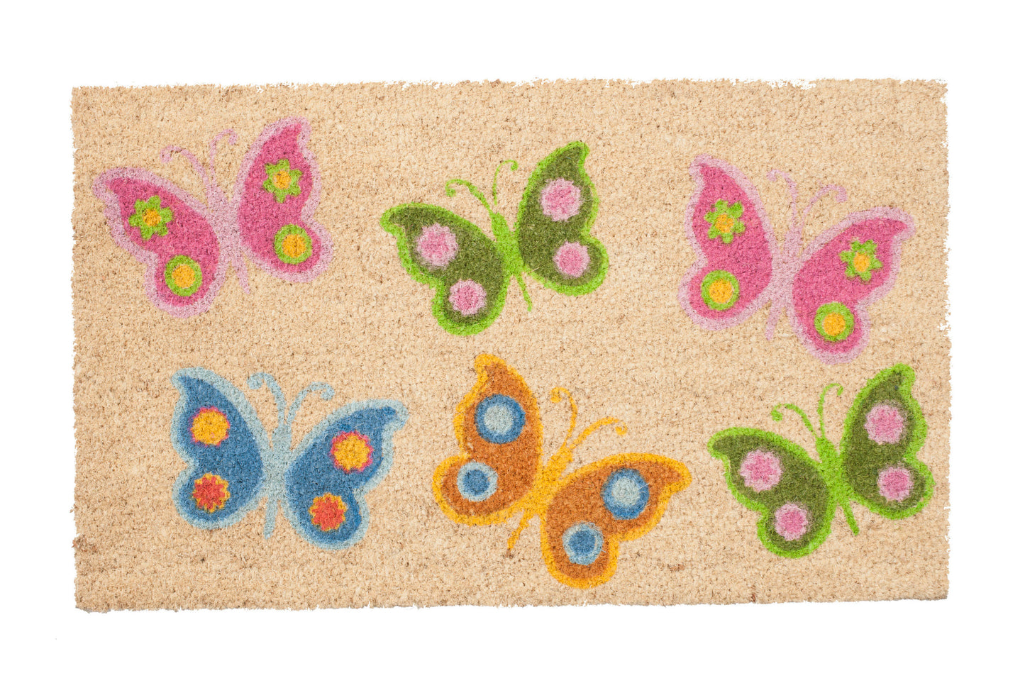 Doormat with colorful butterfly designs on a beige background