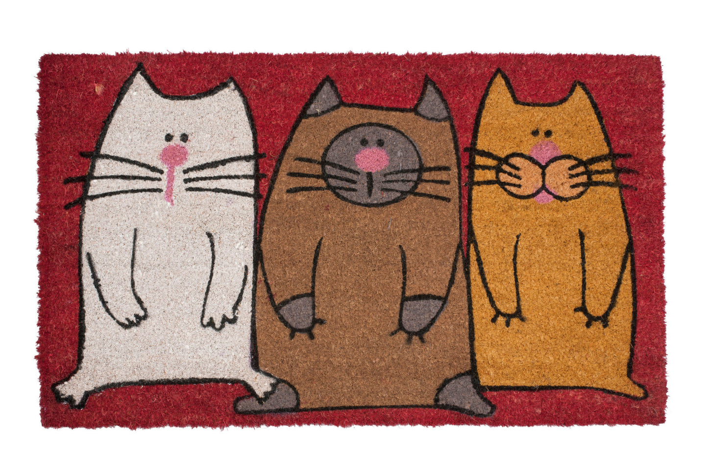 Doormat with cartoon cats design on a dark red background
