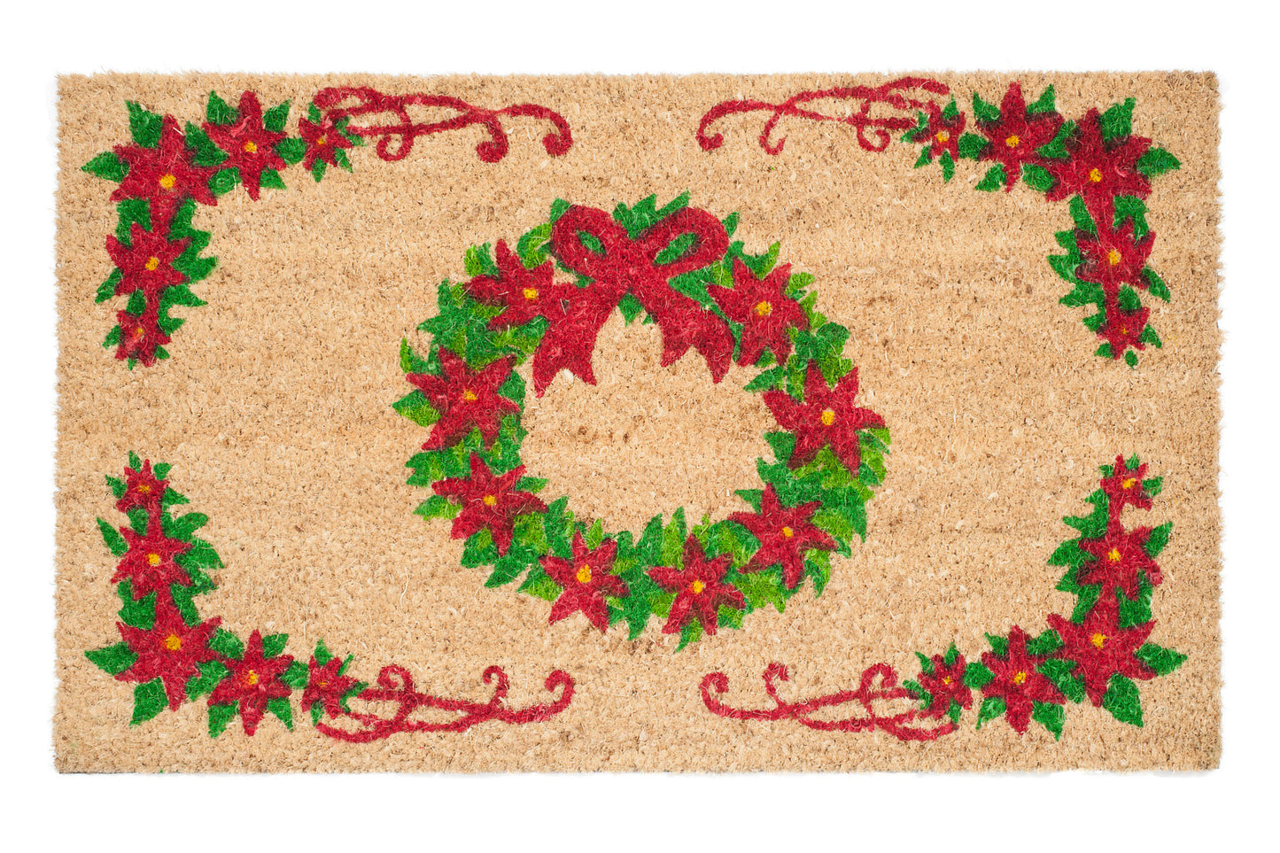 Decorative doormat with Christmas wreath and poinsettia design on a beige background