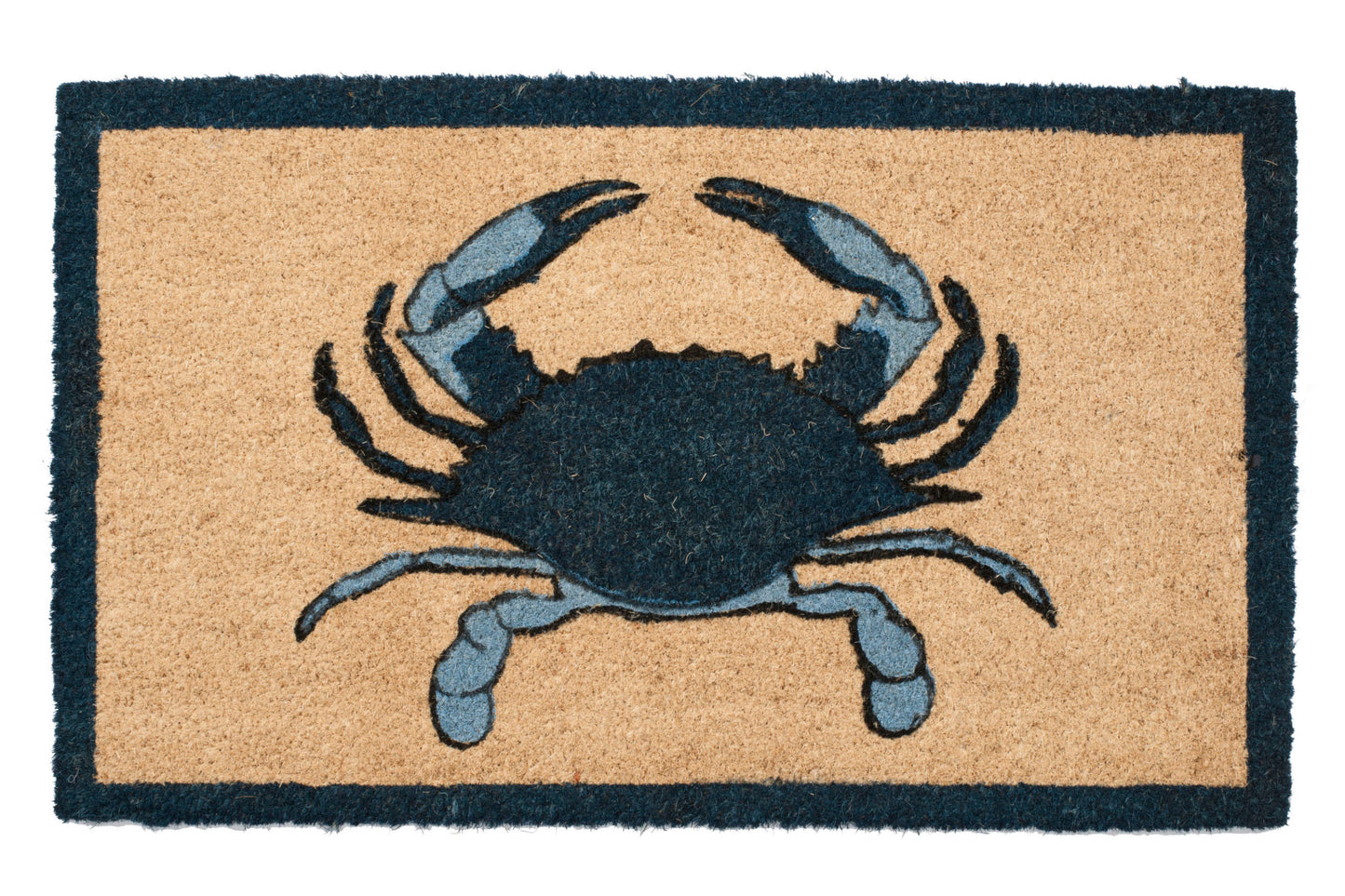 Doormat with a blue crab design on a beige background
