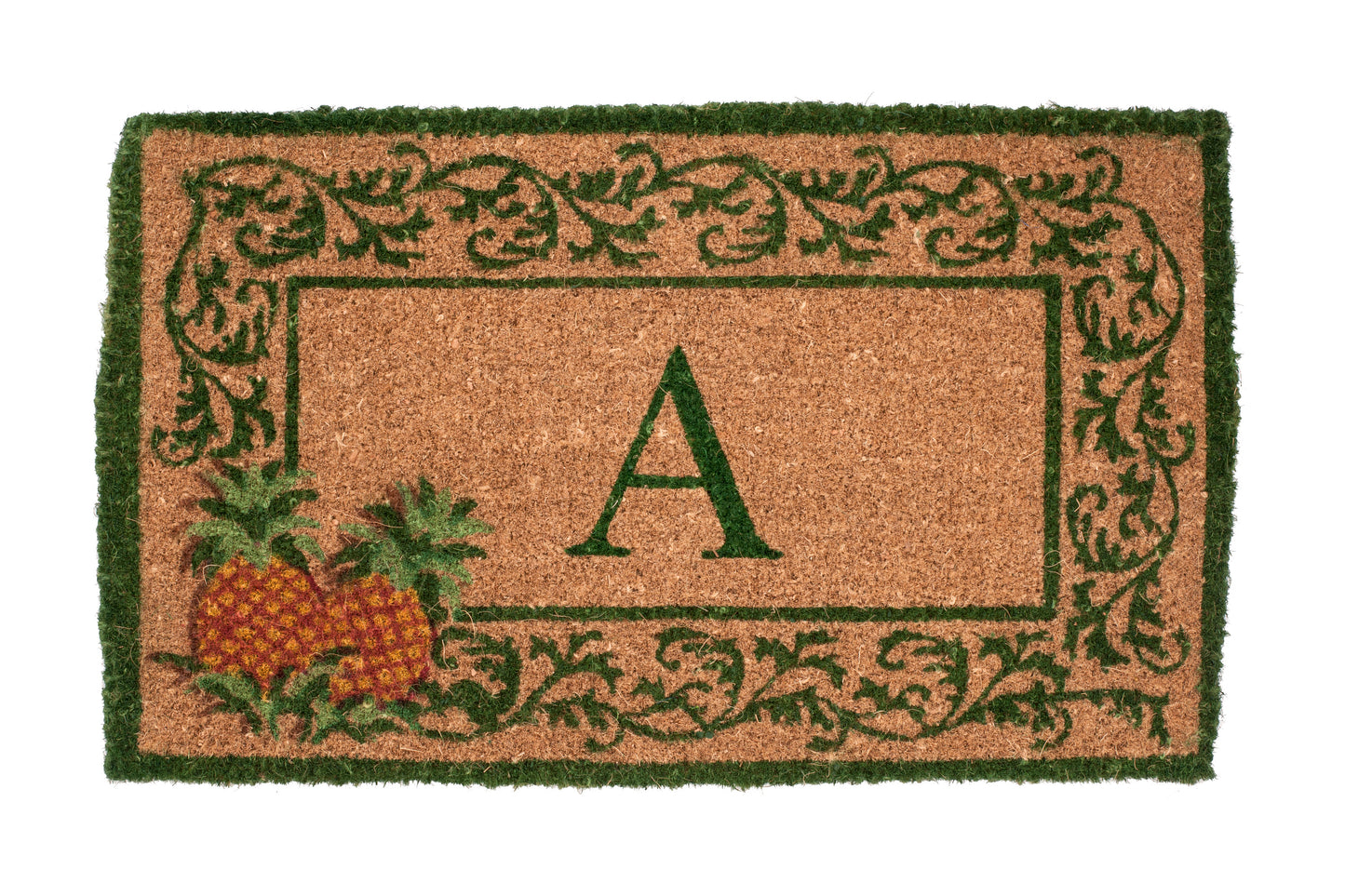 brown door mat with pineapple design and scroll border