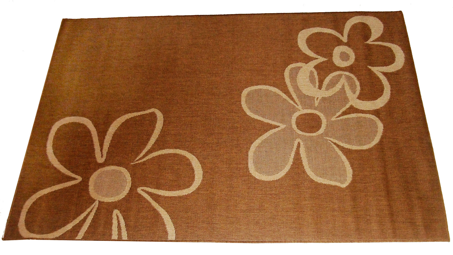 Brown rug with beige flower patterns on a white background