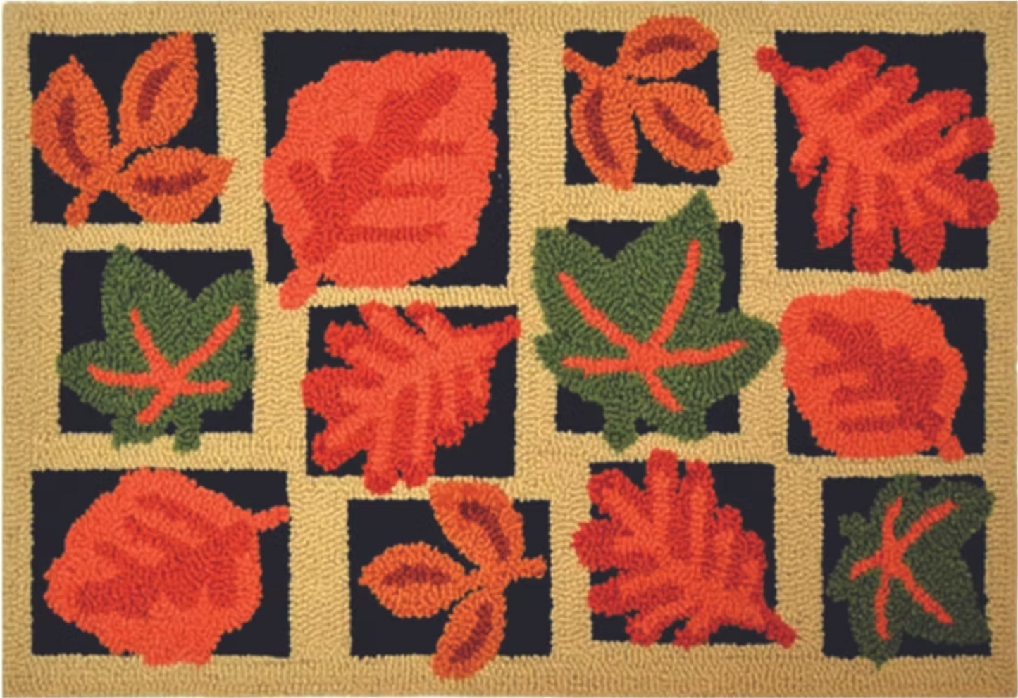 Decorative rug with leaf pattern on a checkered background