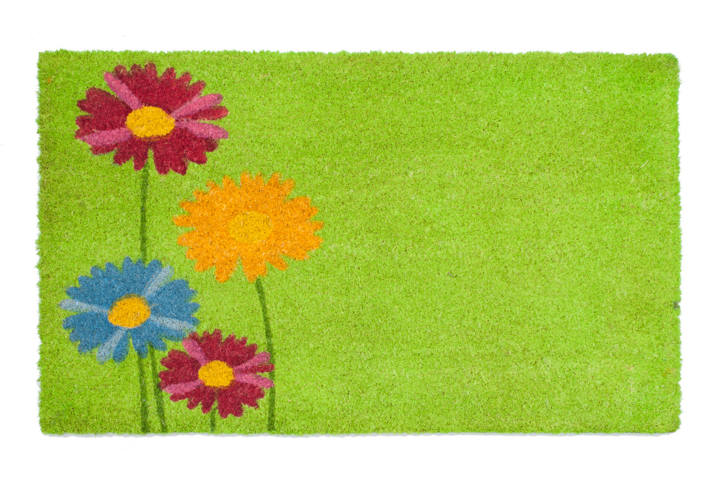 Green doormat with colorful flower designs on a white background