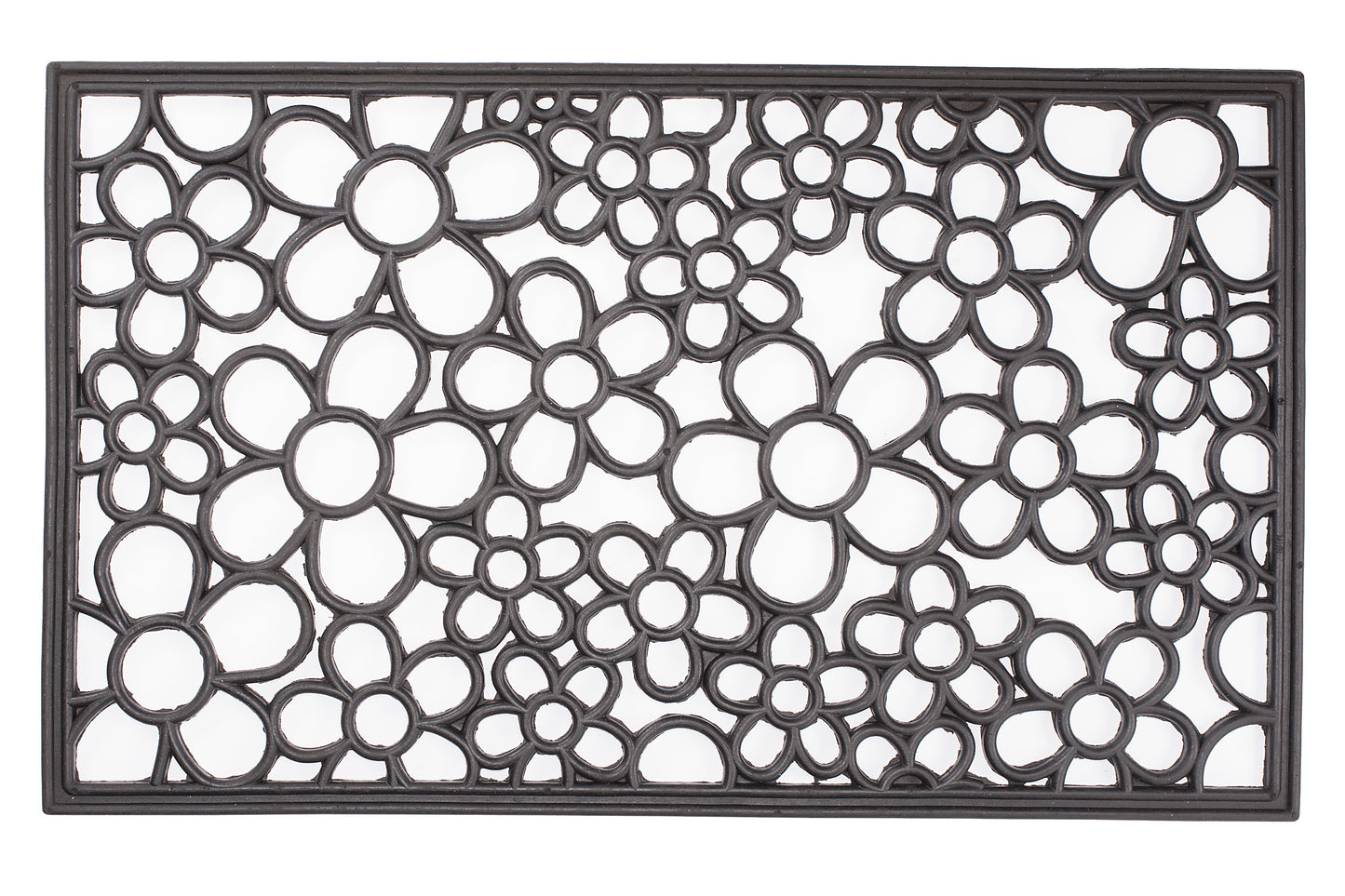 black rubber door mat with decorative floral flower pattern