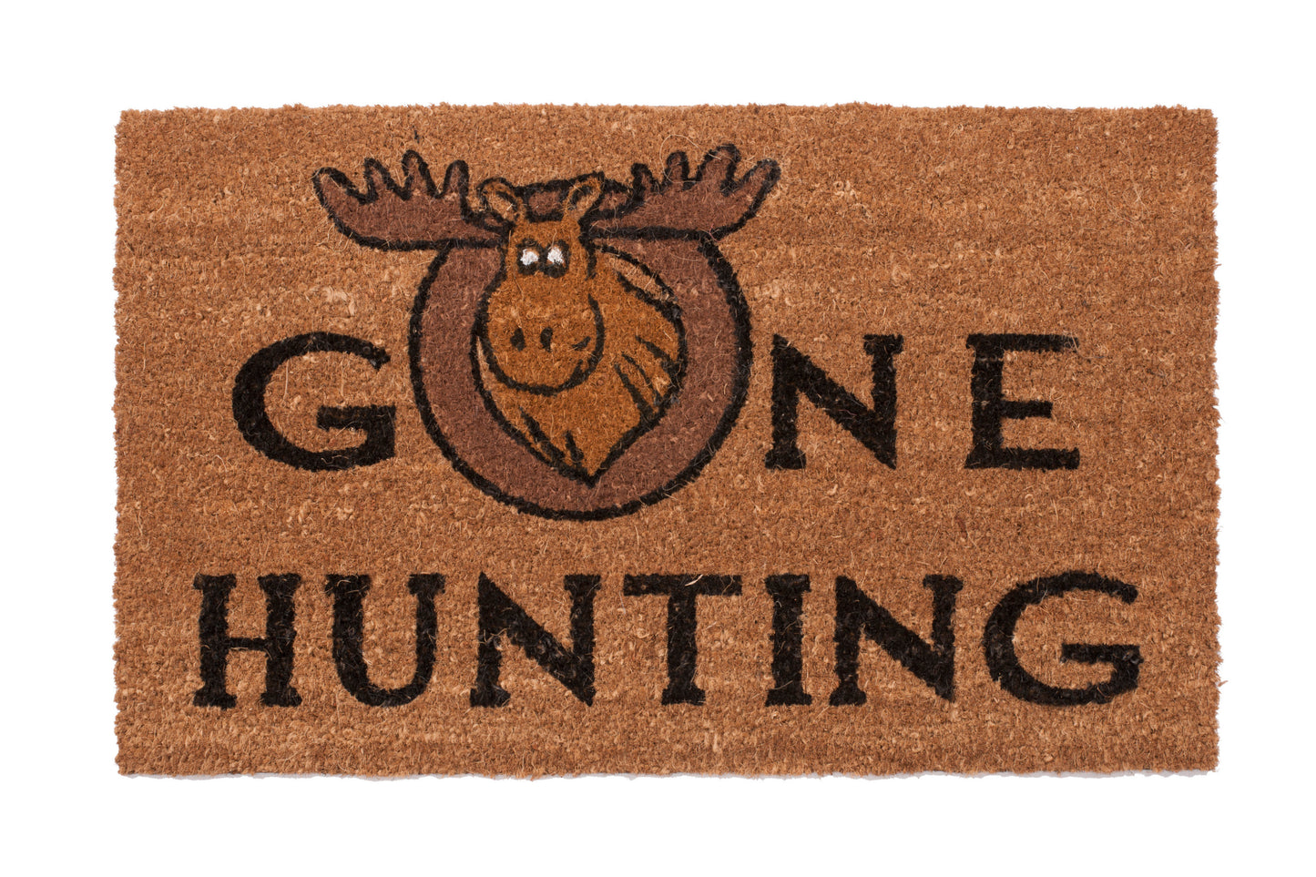 Doormat with moose graphic and 'Gone Hunting' text on a brown background