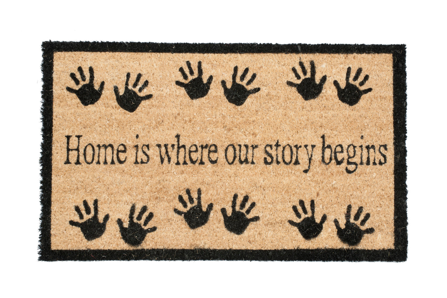 Doormat with handprints and text 'Home is where our story begins'