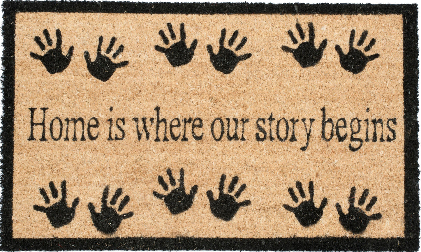 Doormat with handprints and text 'Home is where our story begins'