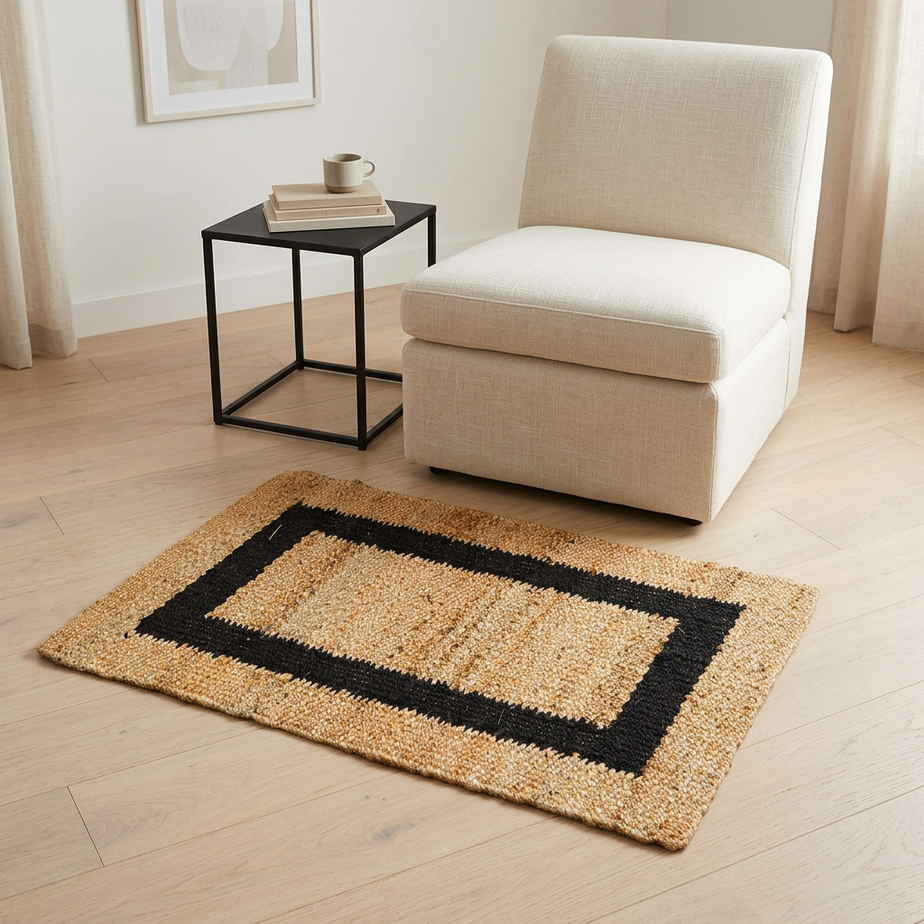 Handspun jute accent rug styled beside a reading chair