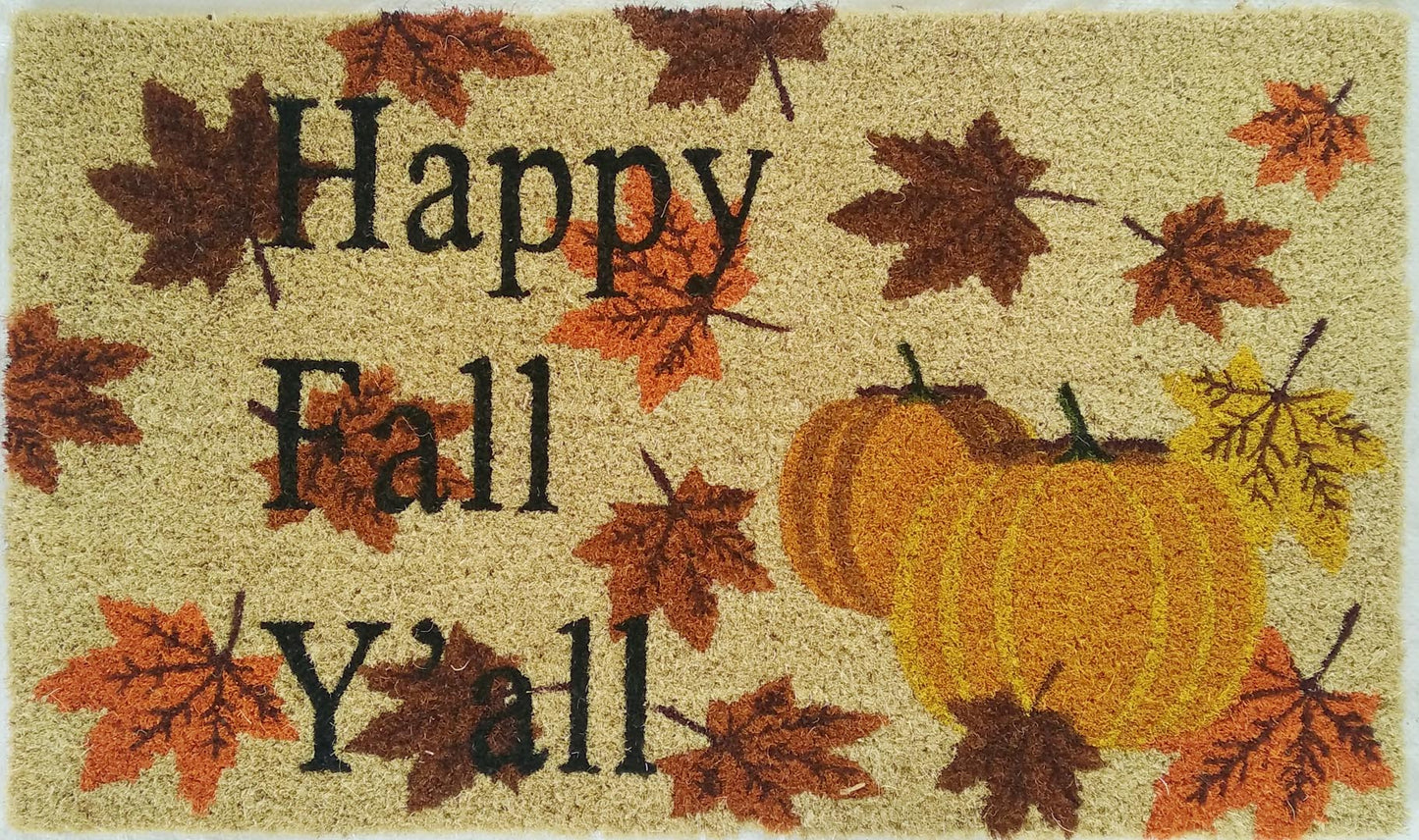 Doormat with 'Happy Fall Y'all' text, pumpkins, and autumn leaves on a beige background