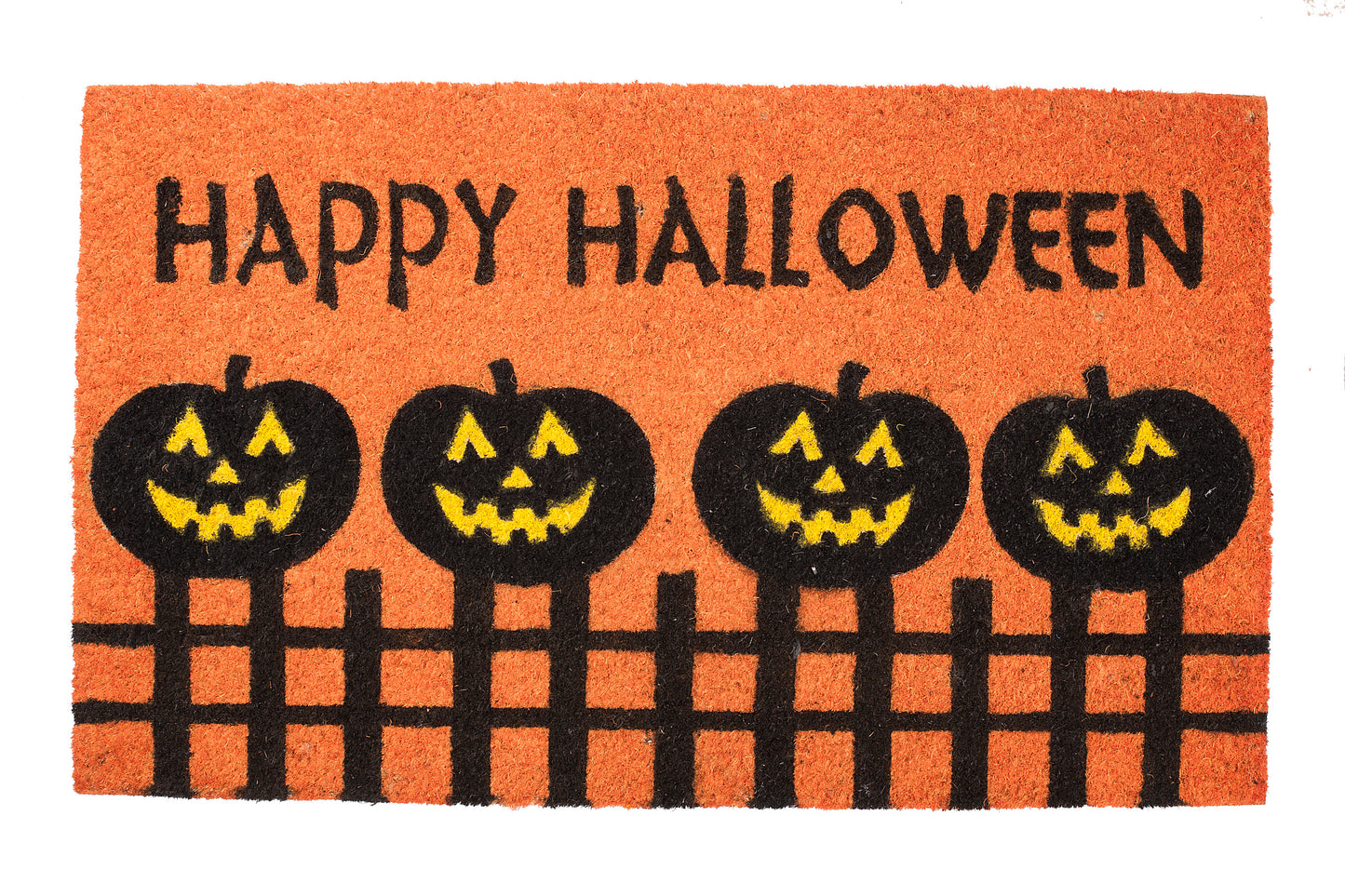Halloween doormat with jack-o'-lanterns and 'Happy Halloween' text on an orange background