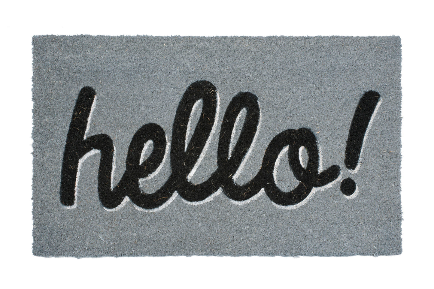 Gray doormat with 'hello!' text on a white background