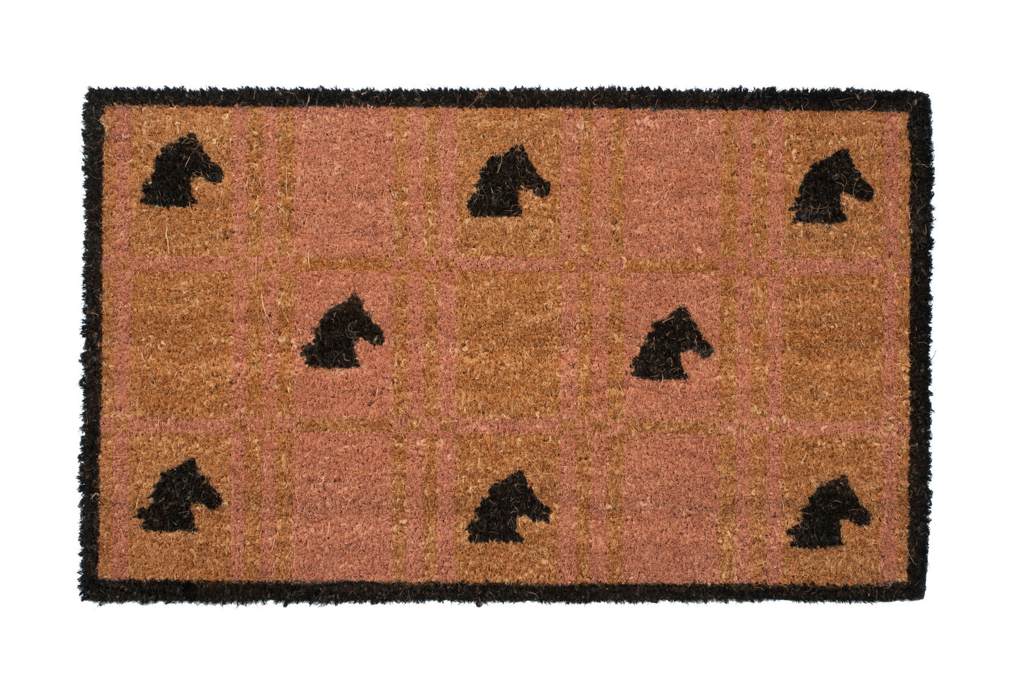 Doormat with black horse heads pattern on a brown background