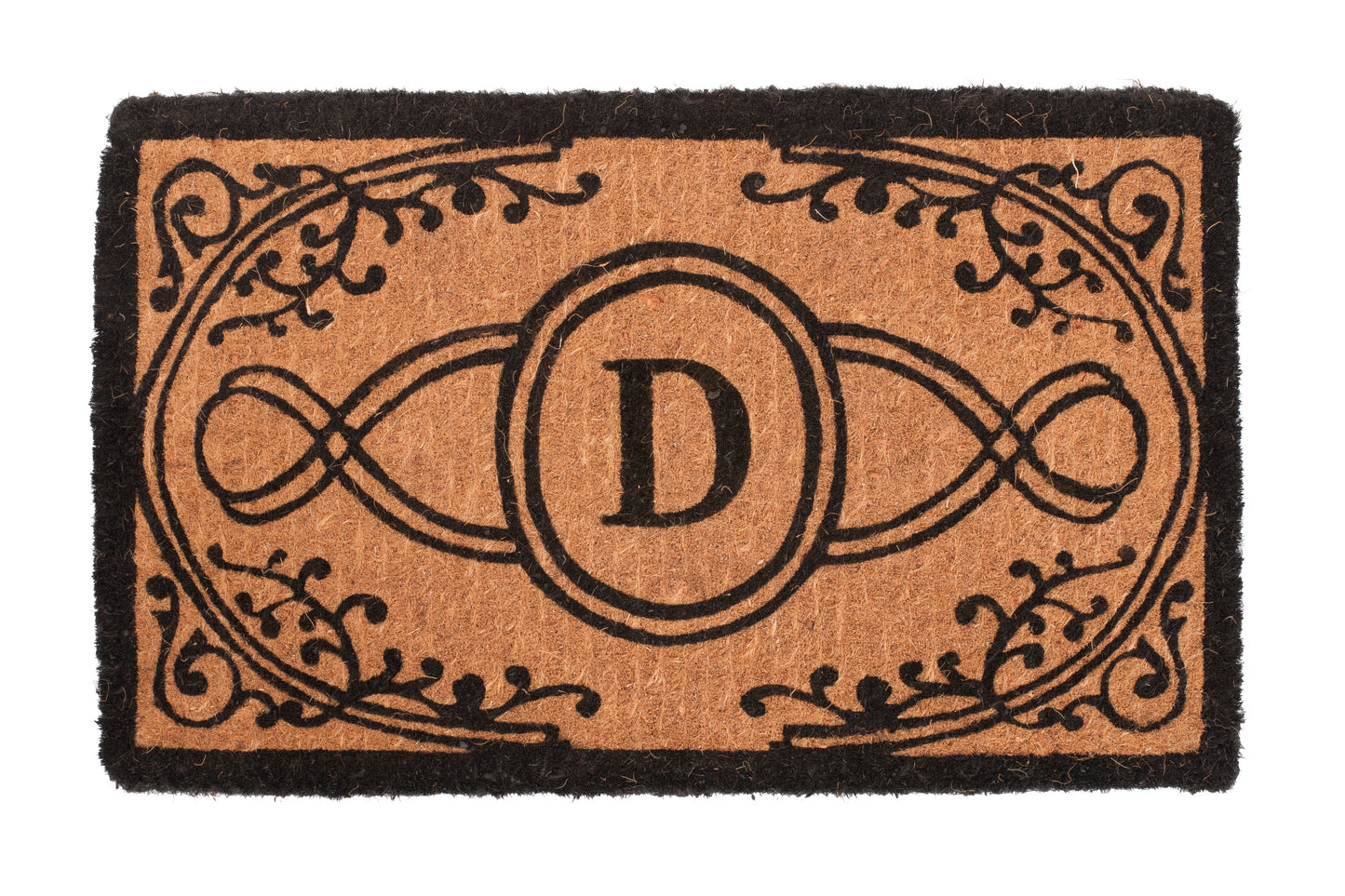 Doormat with decorative border and letter 'D' on a white background