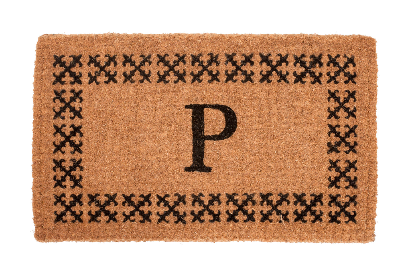 brown personalized door mat with scroll border and monogram letter
