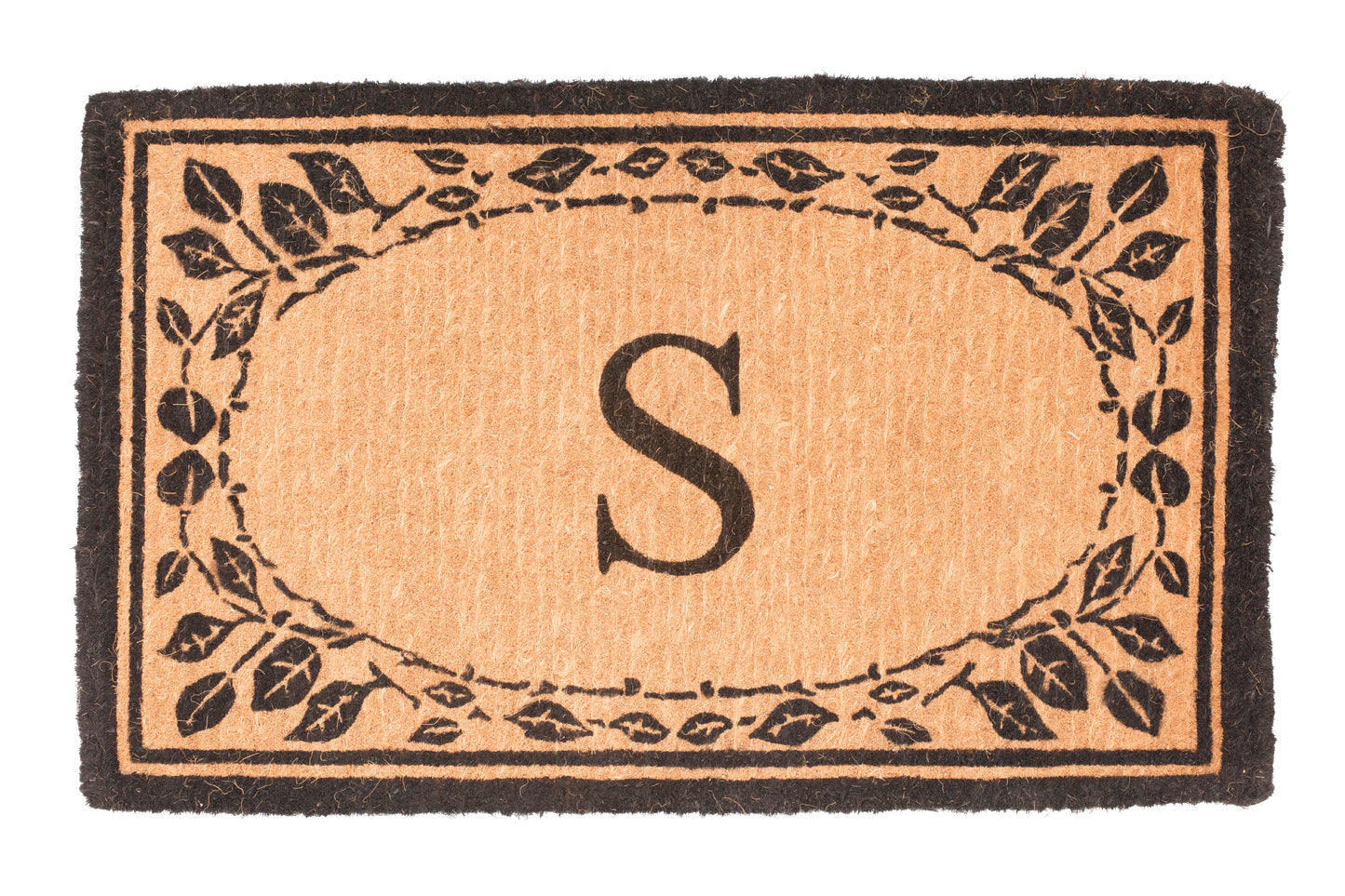 Doormat with a central letter 'S' and leaf border on a white background