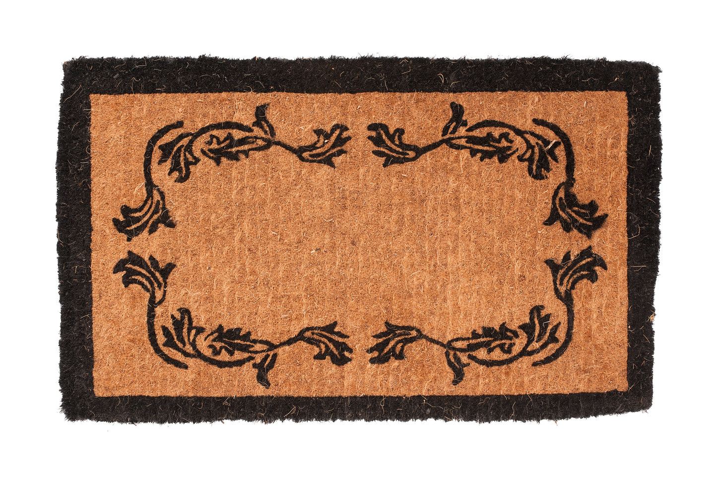 Decorative doormat with black vine floral patterns on a beige background