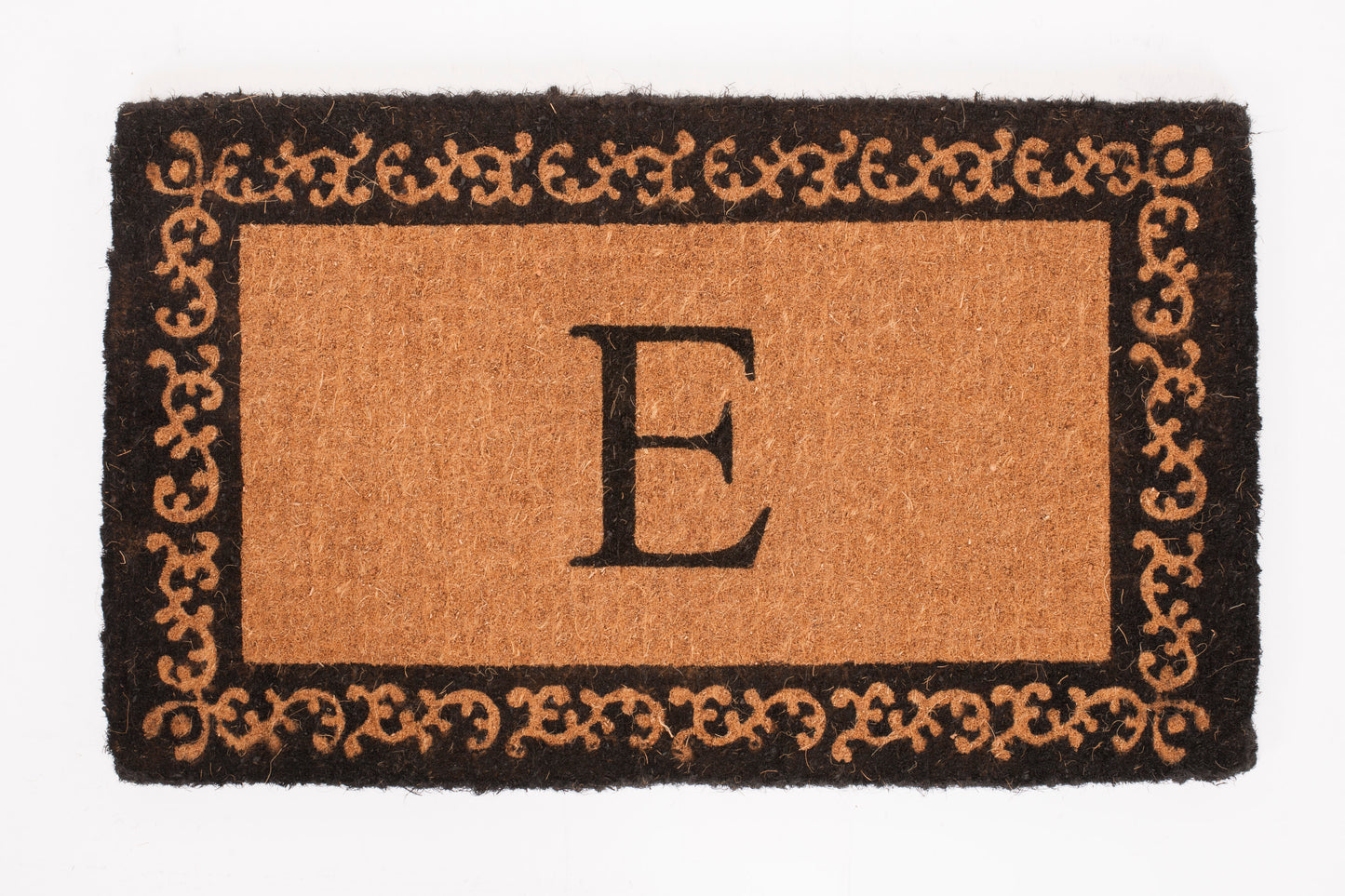 Doormat with decorative border and letter 'E' on a white background