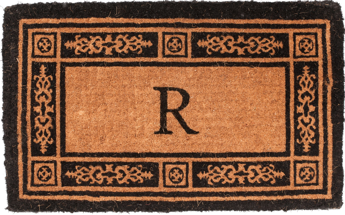 Doormat with decorative border and letter 'R' on a white background