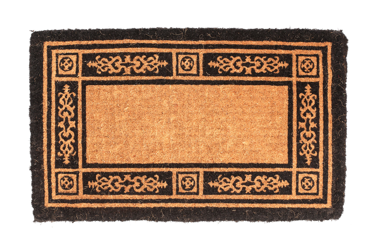Decorative doormat with intricate border design on a white background
