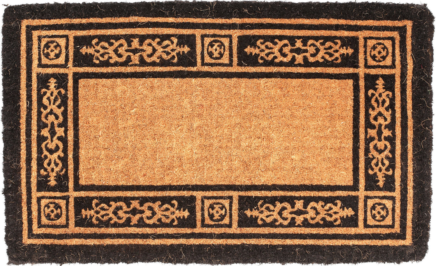 Decorative doormat with intricate border design on a white background