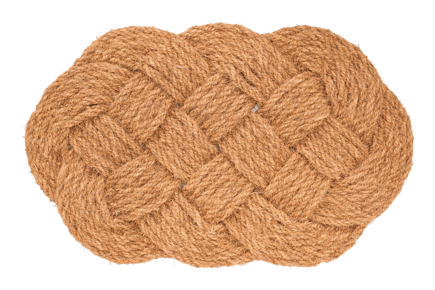 Woven brown lovers knot mat on a white background