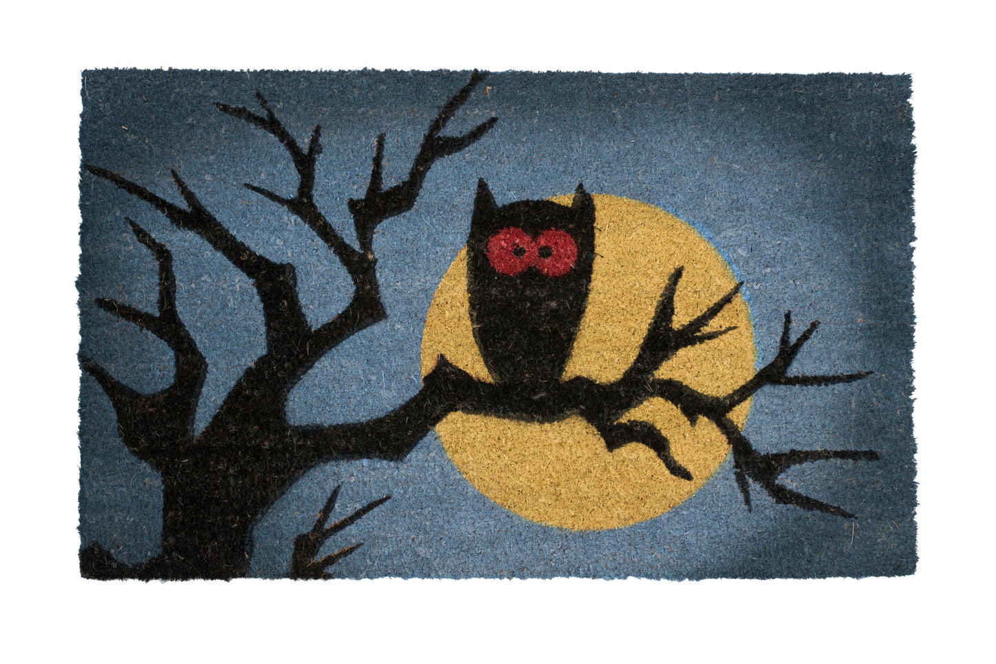 Doormat with an owl design on a dark blue background