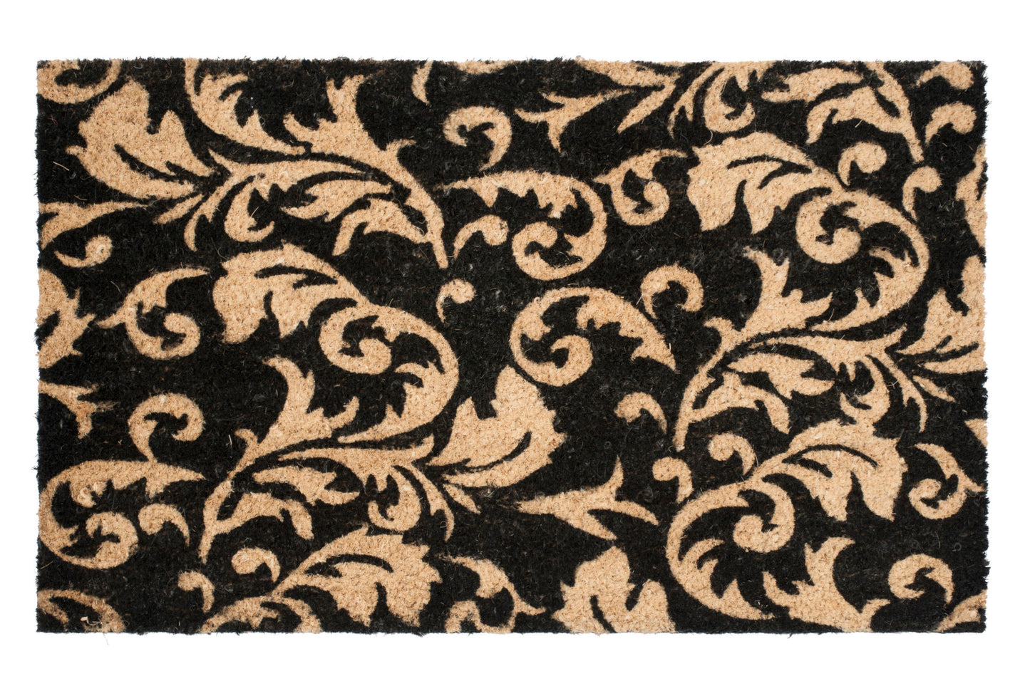 black door mat with decorative white paisley scroll pattern