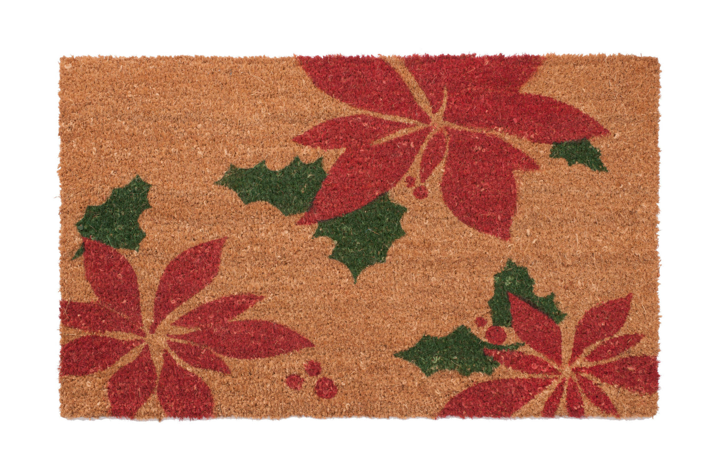 Doormat with poinsettia and holly design on a beige background