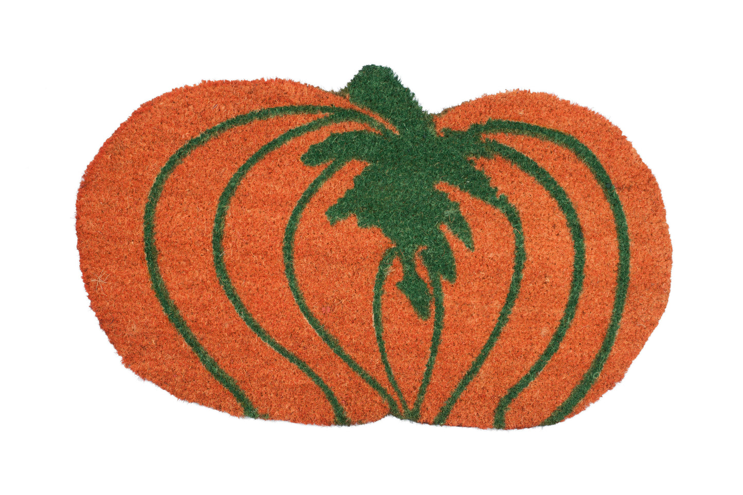 Pumpkin-shaped doormat with green stem on a white background