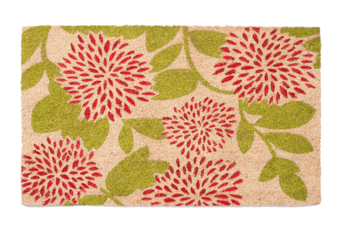 Floral patterned doormat with red flowers and green leaves on a beige background