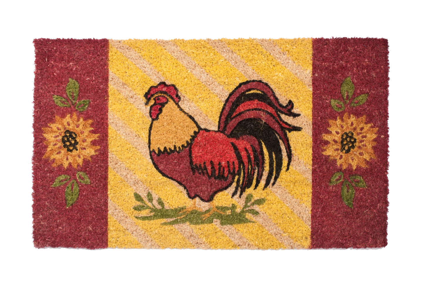 Doormat with a rooster design on a yellow background