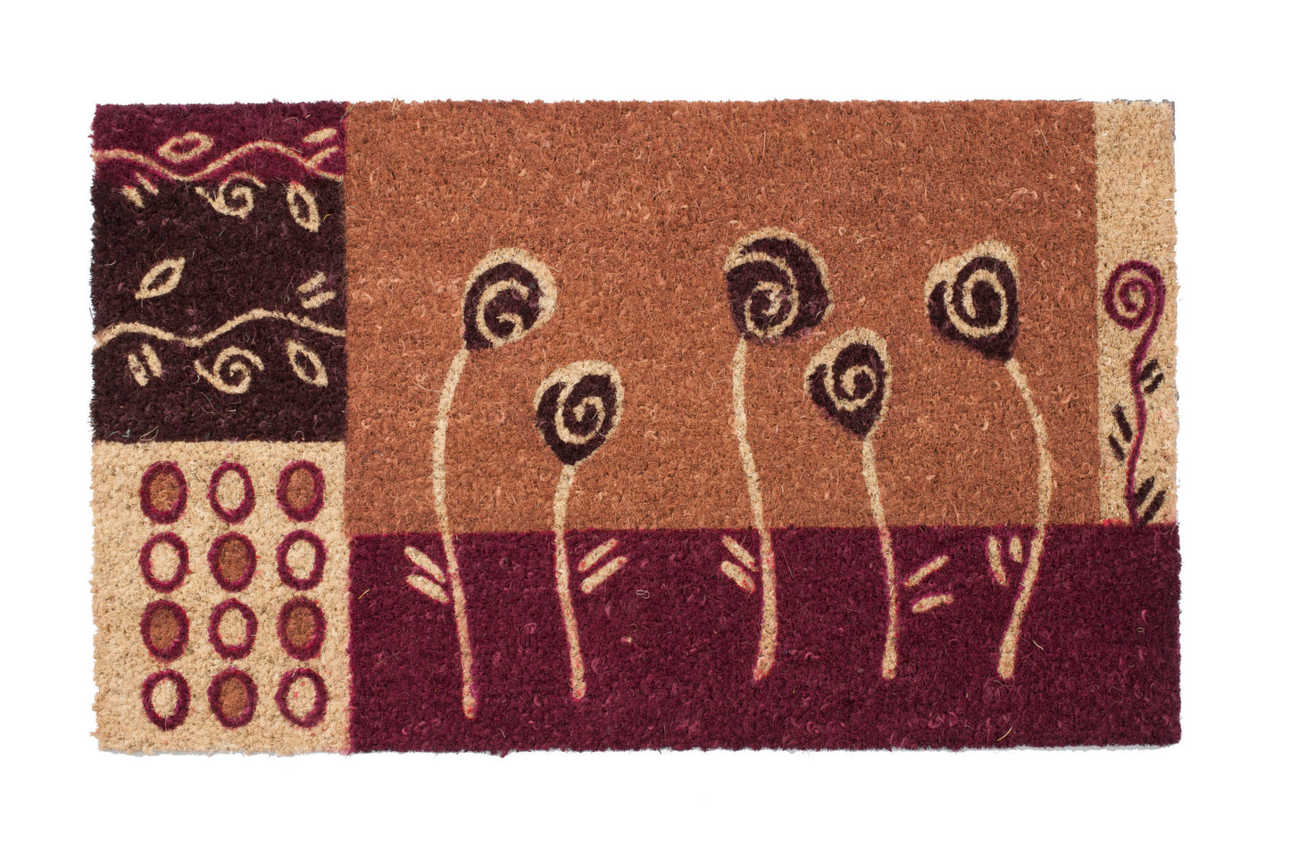 Decorative brown doormat with abstract floral design on a white background