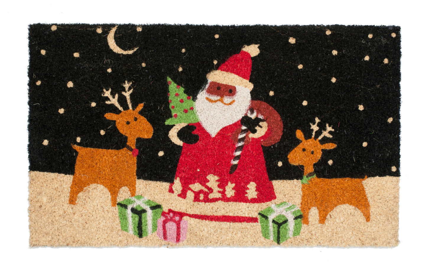Decorative mat with Santa Claus and reindeer design on a black background with white dots.